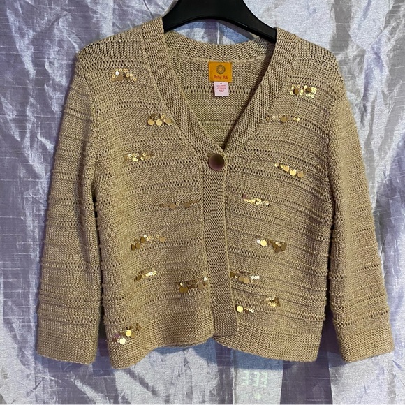 Ruby Rd heavy knit golden sweater 3/4 sleeve, SZ M GUC, sequins very sweet - Picture 3 of 8